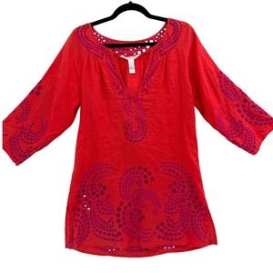 Diane Von Furstenberg Soieli Swim Cover Up Small Linen Red Pink Eyelet Deep V